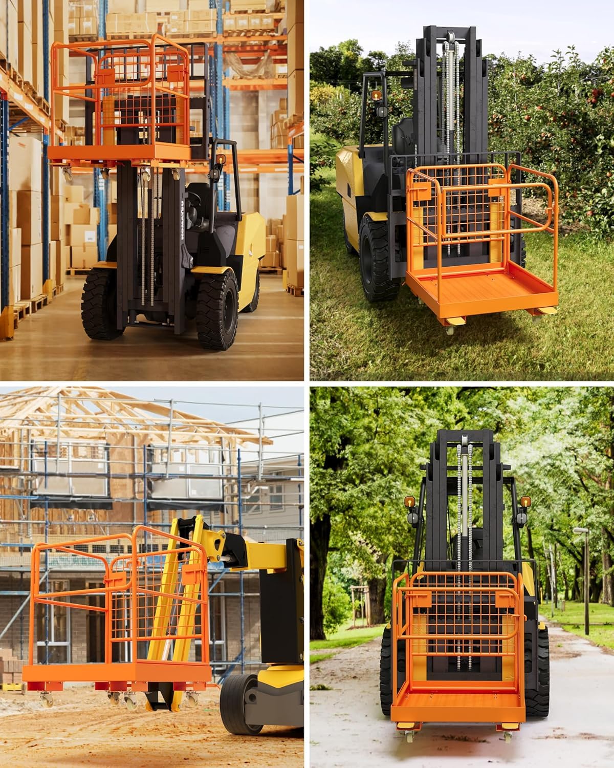 36"x36" Collapsible Forklift Work Platform, Heavy Duty 1200 Lbs Capacity Aerial Safety Cage with 4 Wheels and Chain for Secure Loader Lifting, Orange