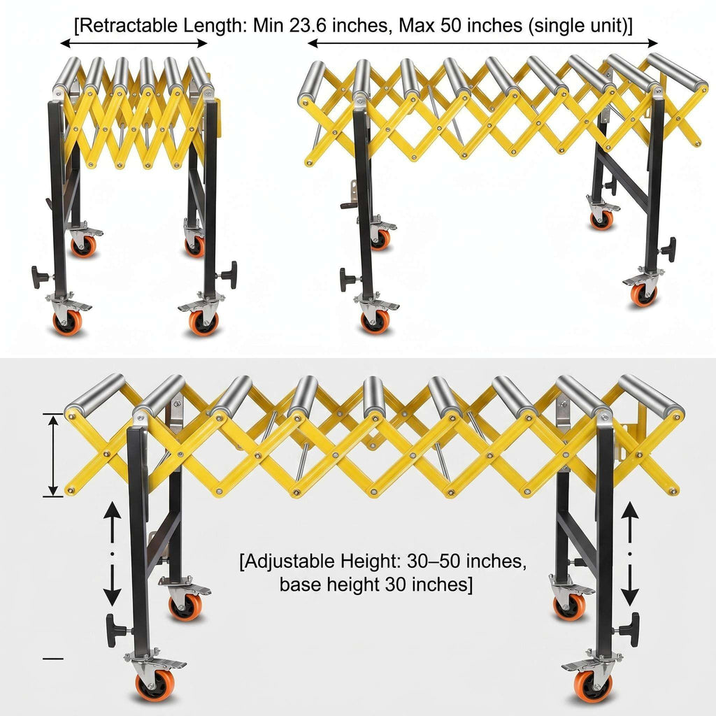 Roller Stand for Table Saw, Adjustable Conveyor with 9 Rollers. Length 23.6-50 in, Height 30-50 in. 660 Lbs Capacity. Tilt 30-50°. Built-in Hooks to Connect Multiple Units. for Woodworking Shops.