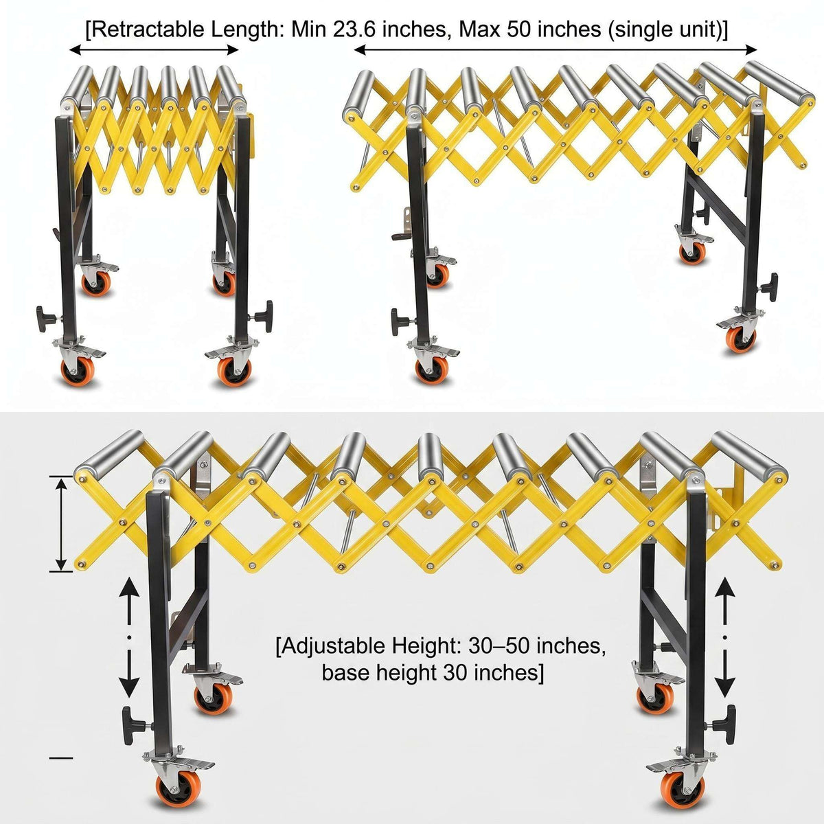 Roller Stand for Table Saw, Adjustable Conveyor with 9 Rollers. Length 23.6-50 in, Height 30-50 in. 660 Lbs Capacity. Tilt 30-50°. Built-in Hooks to Connect Multiple Units. for Woodworking Shops.