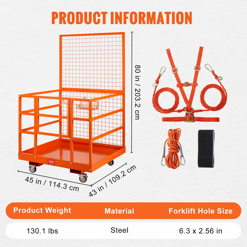 VEVOR Forklift Safety Cage, 43 x 45 Inch Forklift Man Basket with Wheels