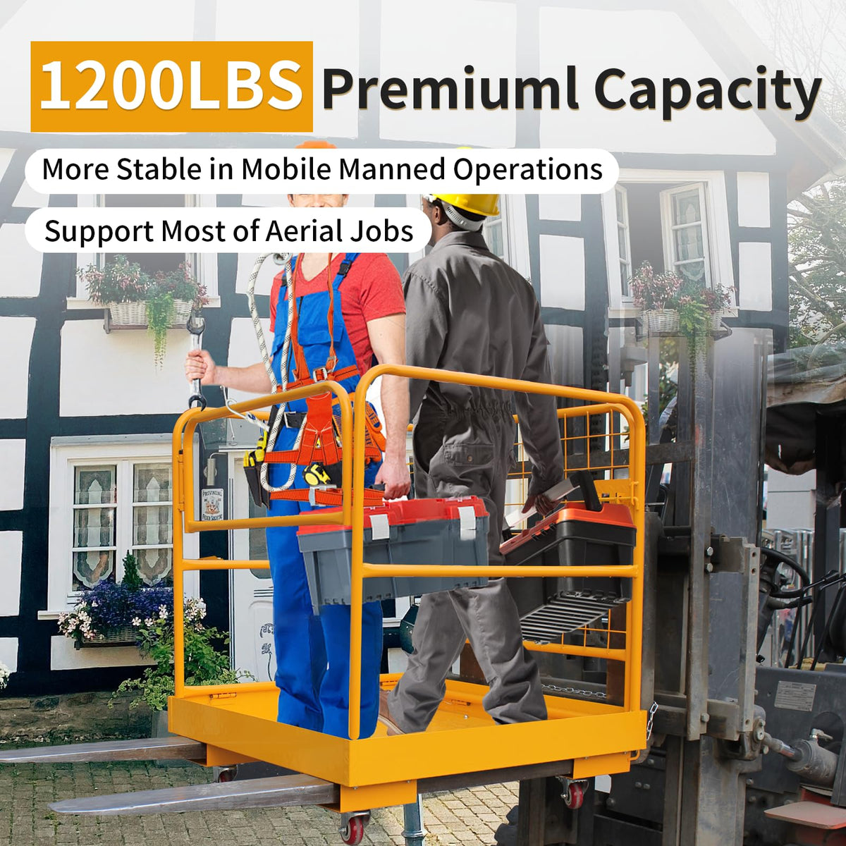 Forklift Safety Cage, 36"x36" Lift Basket, Heavy Duty Forklift Man Basket 1200LBS Capacity with 4 Wheels, Safety Set, Forklift Work Platform for Most Aerial Jobs