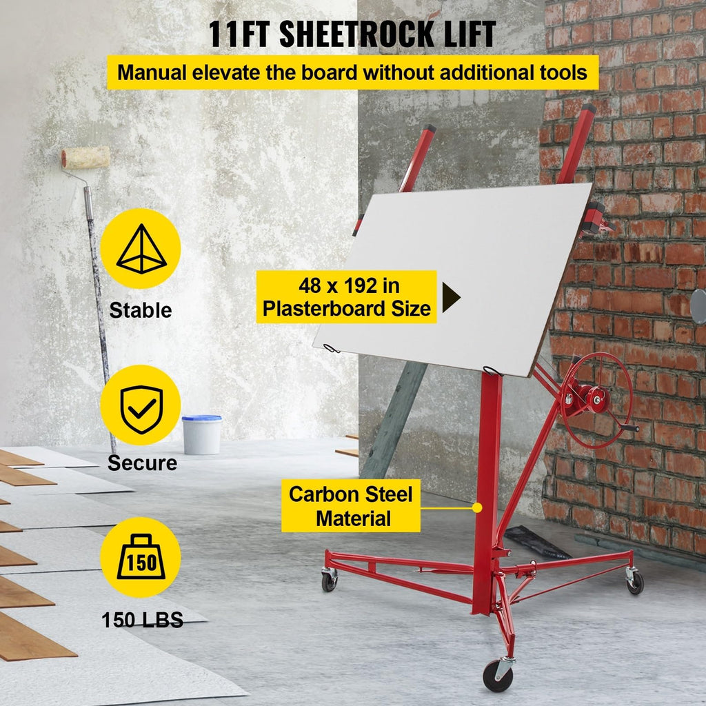 11FT Drywall Rolling Lifter with Lockable Wheels 150Lbs Capacity Heavy Duty Plasterboard Panel Tilting Hoist Jack Lifter
