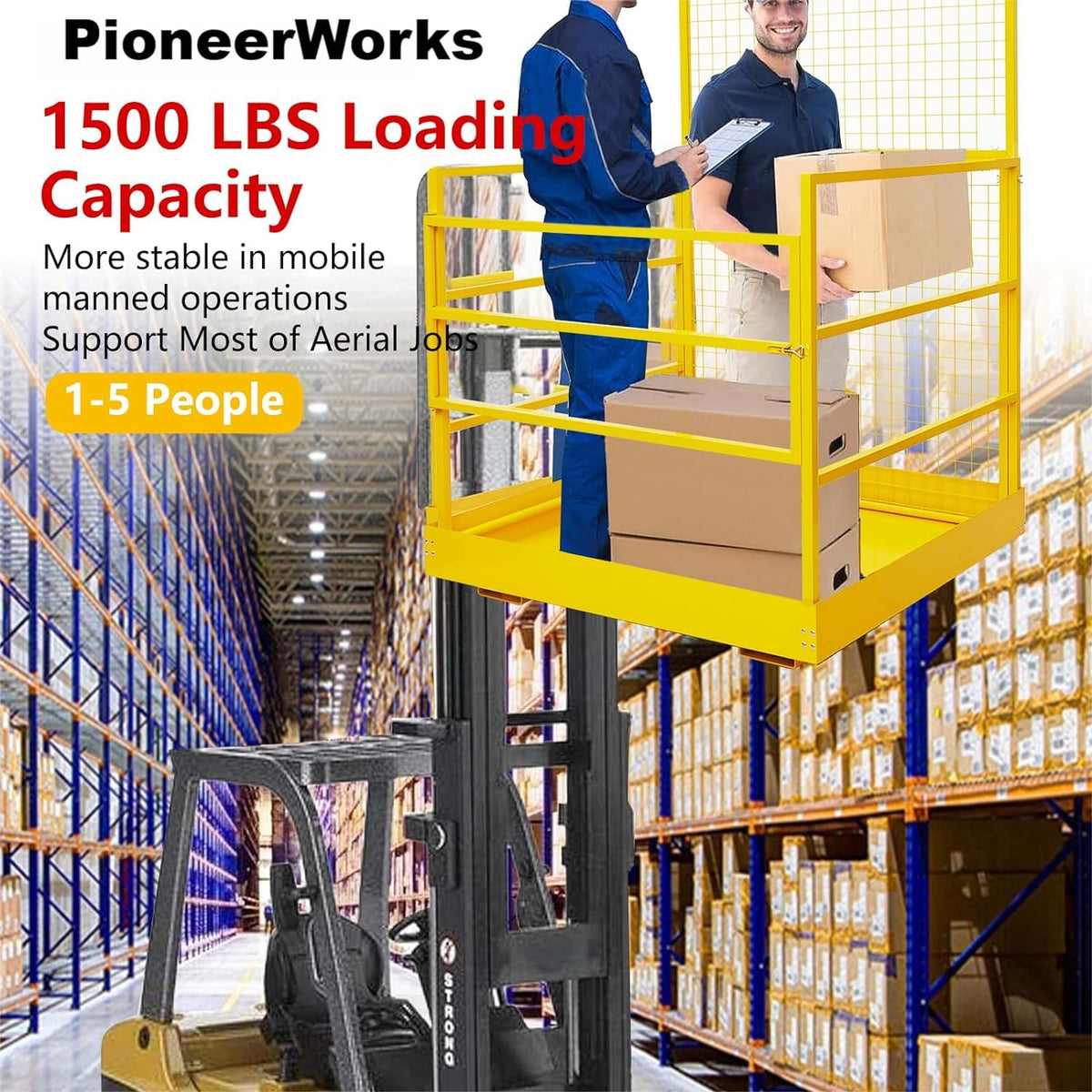 Foldable Forklift Safety Cage 43"x45", Foldable Forklift Work Platform 1500LBS Load Capacity, with Safety Lock, Safety Belt Kits, Dual Nonslip Design Perfect for 1-5 People Aerial Work