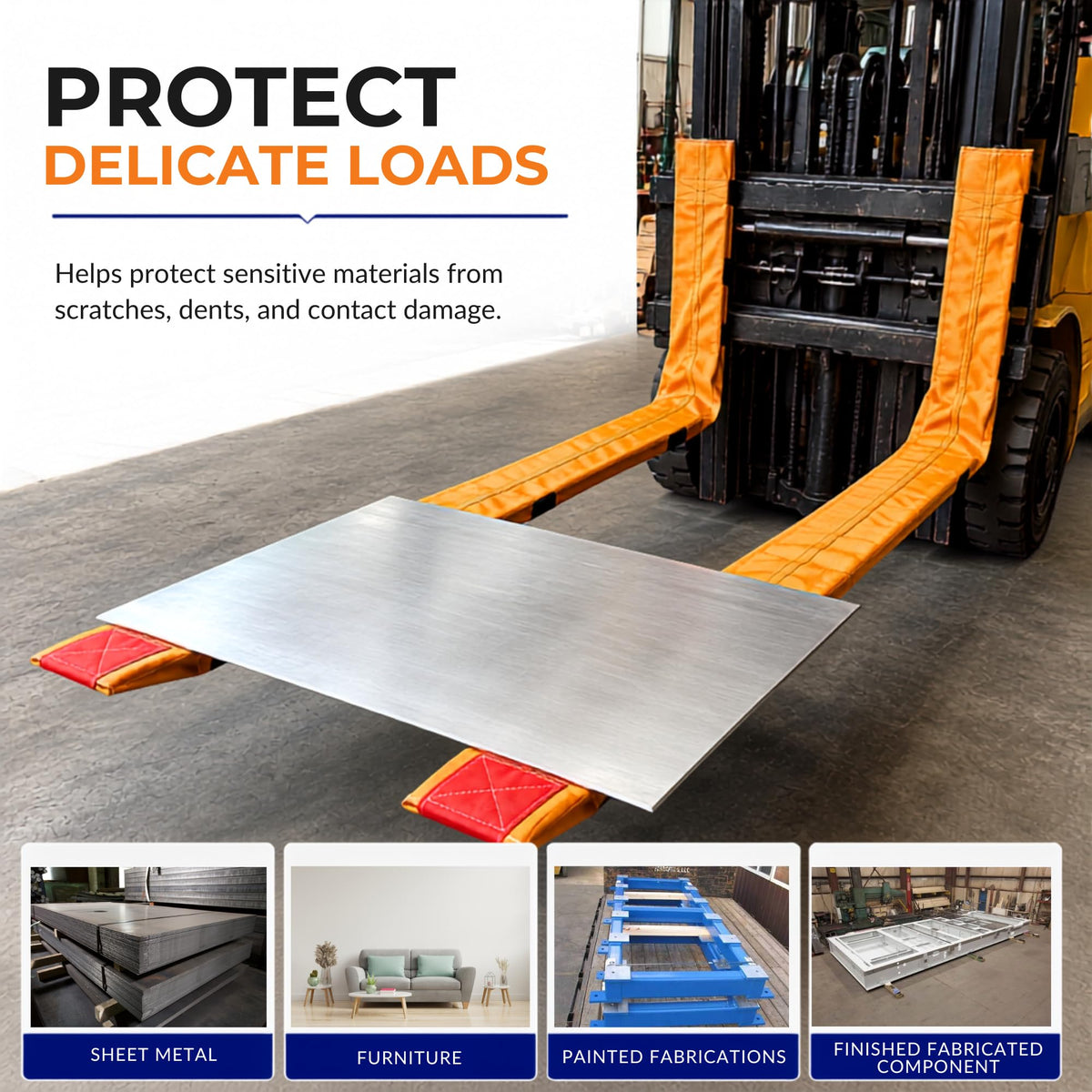 "Fork Tender" Forklift Fork Covers for Delicate Load Handling, Heavy Duty Hi Vis Nylon Protective Sleeve, Fits Forks 3"-6" Wide (42"-48" Long Forks)