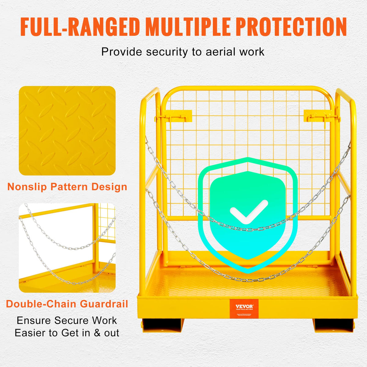 VEVOR Forklift Safety Cage, Forklift Man Basket 1200lbs Capacity, 36'' x 36'' Foldable Forklift Work Platform for 1-2 People with Double-Chain Guardrail & Drain Hole, Perfect for Aerial Work, Orange