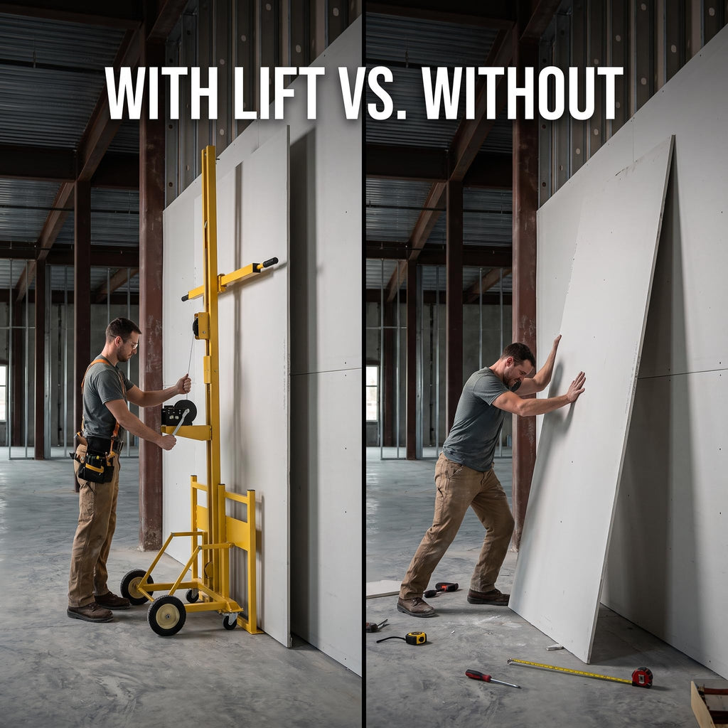 Heavy Duty 10ft Drywall Lifter with 150LB Capacity, Yellow Steel Panel Hoist for Drywall OSB Plywood Cement Board, Auto Locking Winch and Durable Casters