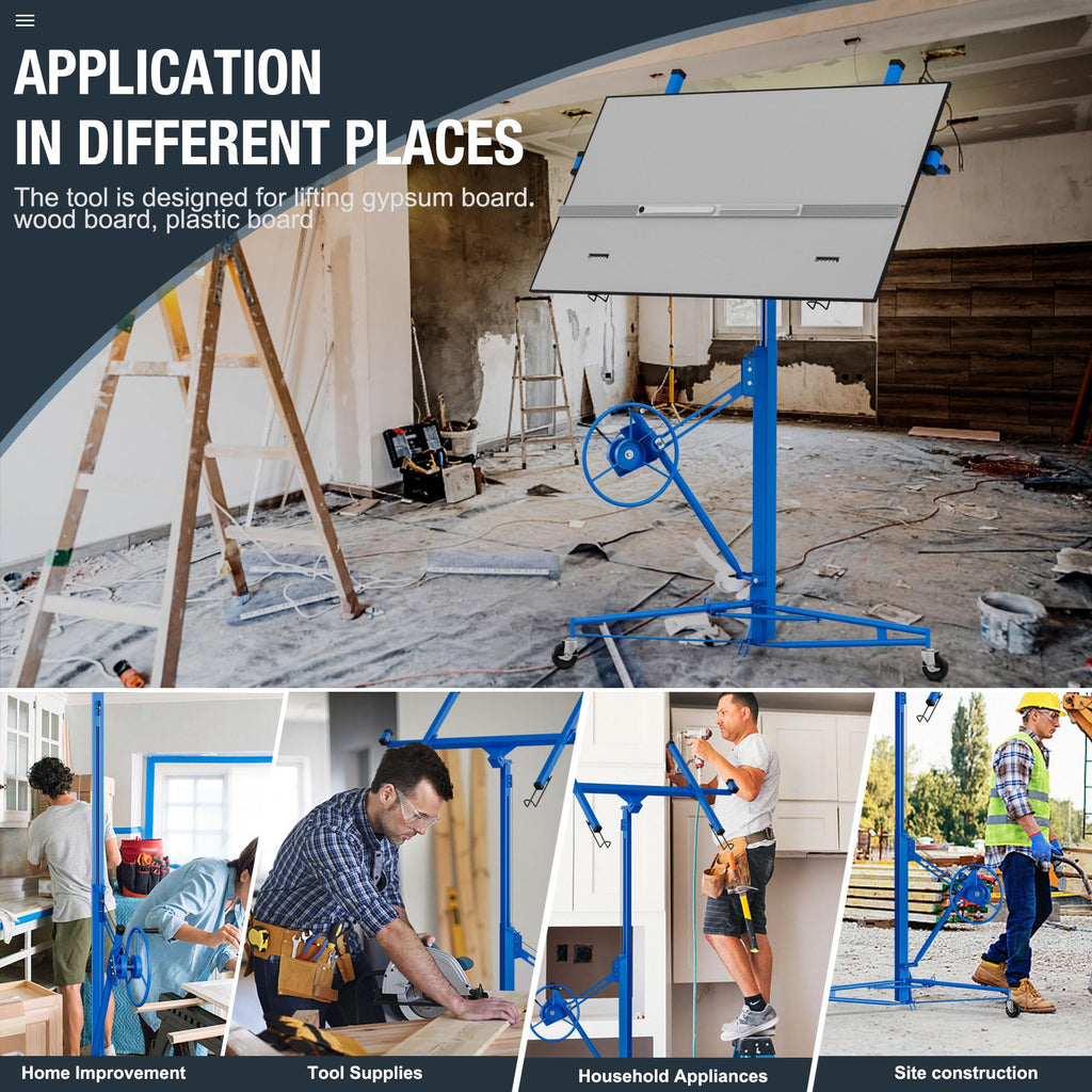 Drywall Lift 16FT, Sheetrock Lift 150LBS Heavy Duty Drywall Lift Panel with 360° Adjustable Telescopic Arm & 3 Lockable Wheels, Drywall Lifter for Home Improvement (Blue)