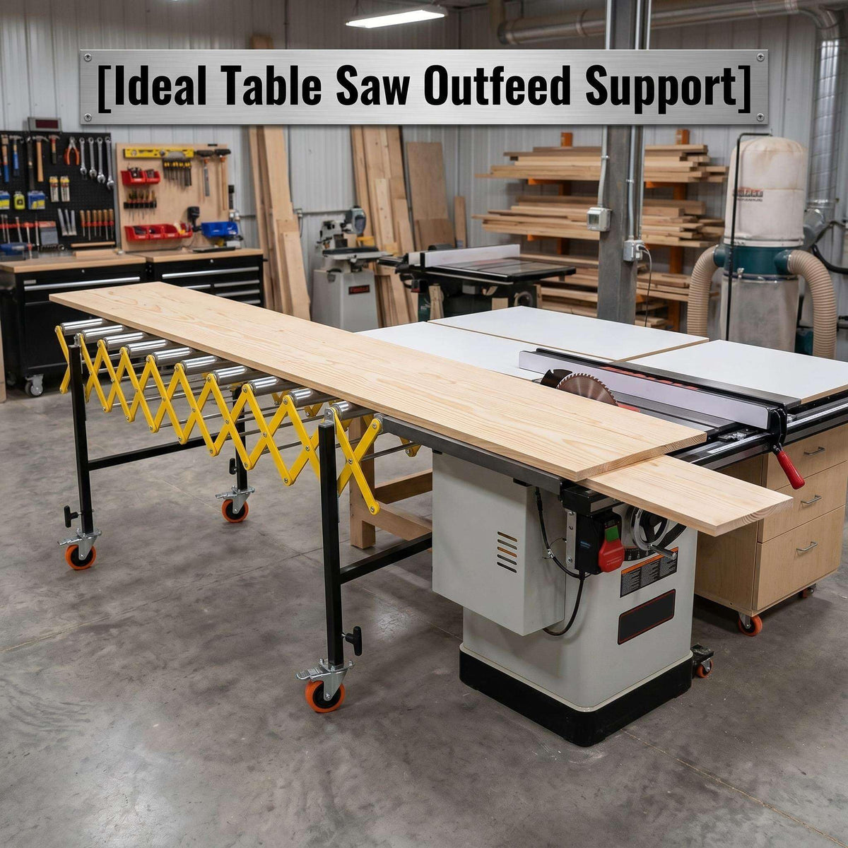 Roller Stand for Table Saw, Adjustable Conveyor with 9 Rollers. Length 23.6-50 in, Height 30-50 in. 660 Lbs Capacity. Tilt 30-50°. Built-in Hooks to Connect Multiple Units. for Woodworking Shops.