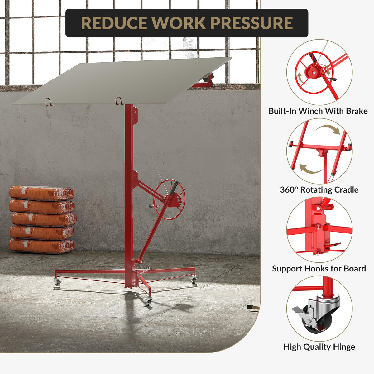 11 ft 150 lb Drywall Lift, Adjustable Red Sheetrock Panel Hoist
