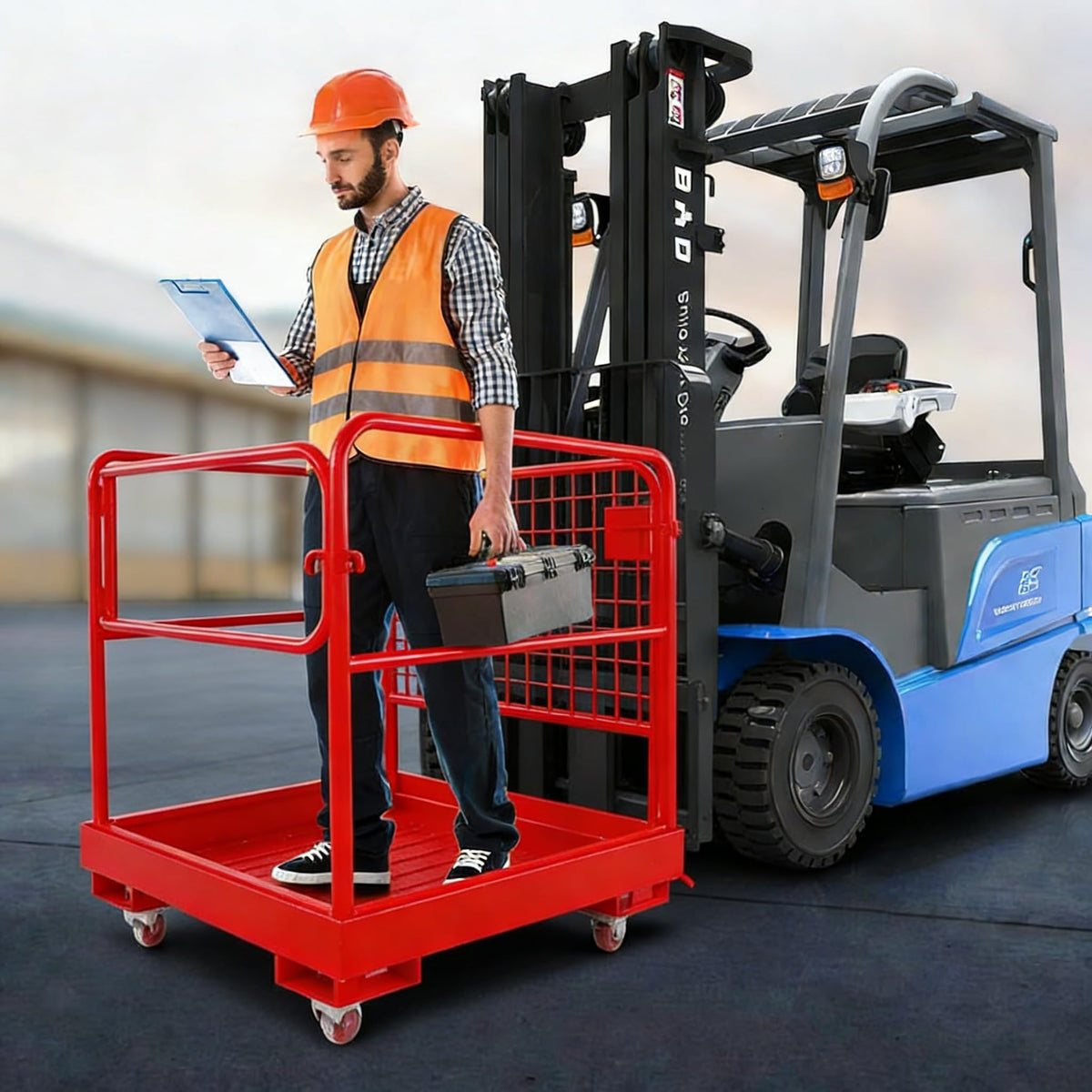 1200LBS Capacity Foldable Forklift Safety Cage with Lockable Swivel Wheels - 36"X36" Forklift Man Basket for 1-3 People with Safety Rail - Work Platform with Drain Hole