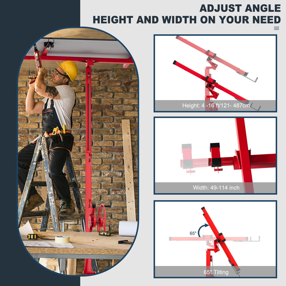Drywall Lift 16 Ft,Sheetrock Lift Drywall Lifter,150LBS Heavy Duty Rolling Lifter Panel,Hoist Jack with 360° Adjustable Telescopic Arm & 3 Lockable Wheels, Red