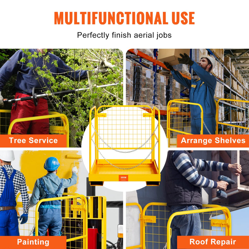 VEVOR Forklift Safety Cage, Forklift Man Basket 1200lbs Capacity, 36'' x 36'' Foldable Forklift Work Platform for 1-2 People with Double-Chain Guardrail & Drain Hole, Perfect for Aerial Work, Orange