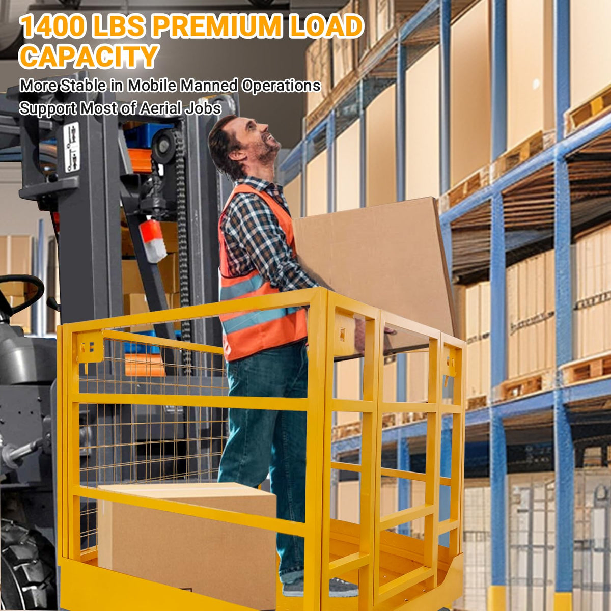 43"X45" Forklift Safety Cage, 1400 LBS Capacity Collapsible Forklift Man Basket, Lockable Swivel Wheels Work Platform for Aerial Work & Warehouse