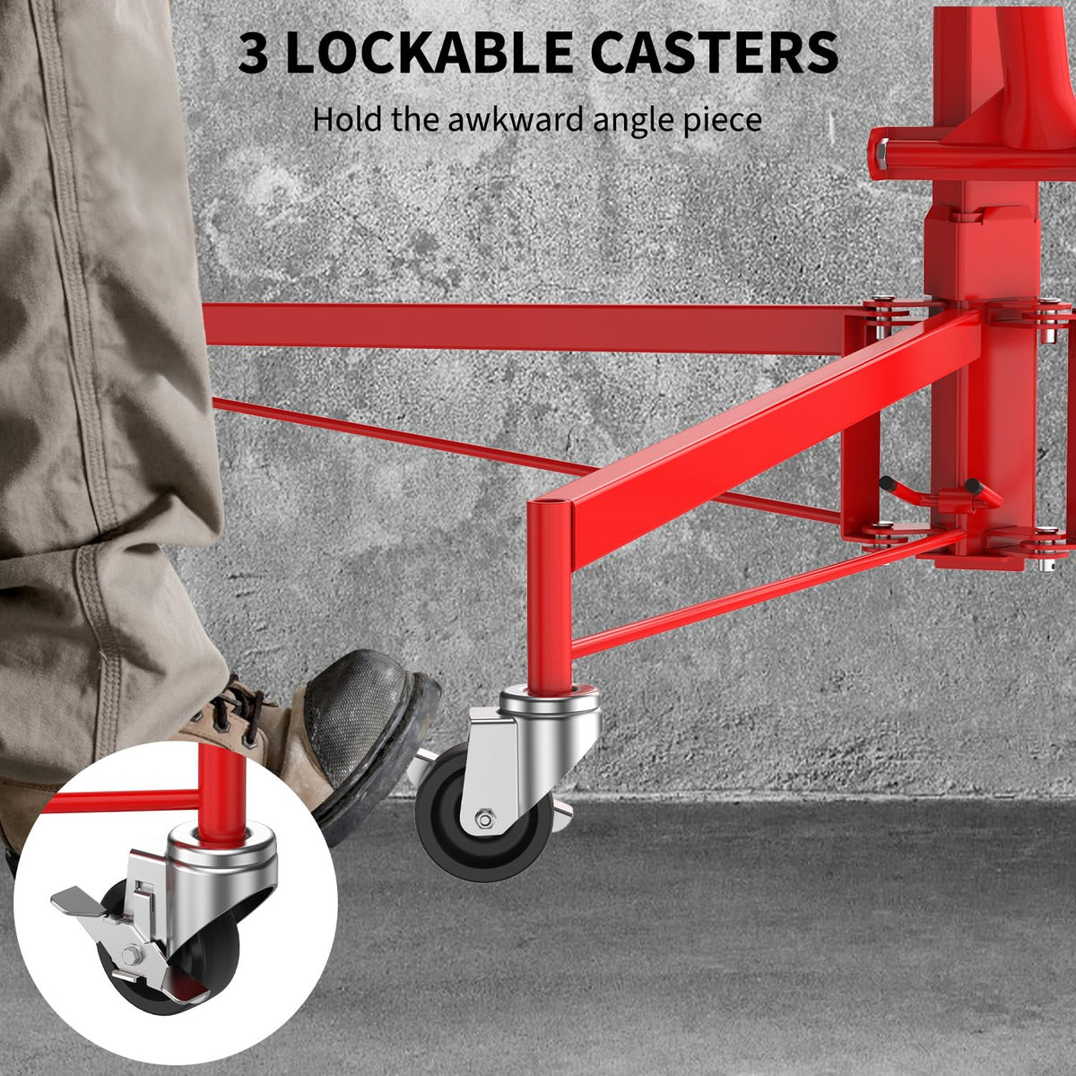 16ft 150lb Heavy-Duty Drywall Lift – Telescopic Sheetrock Hoist with 360° Swivel & 60° Tilt Arm, Tool-Free Adjustment, 3 Lockable Casters – Red + Black