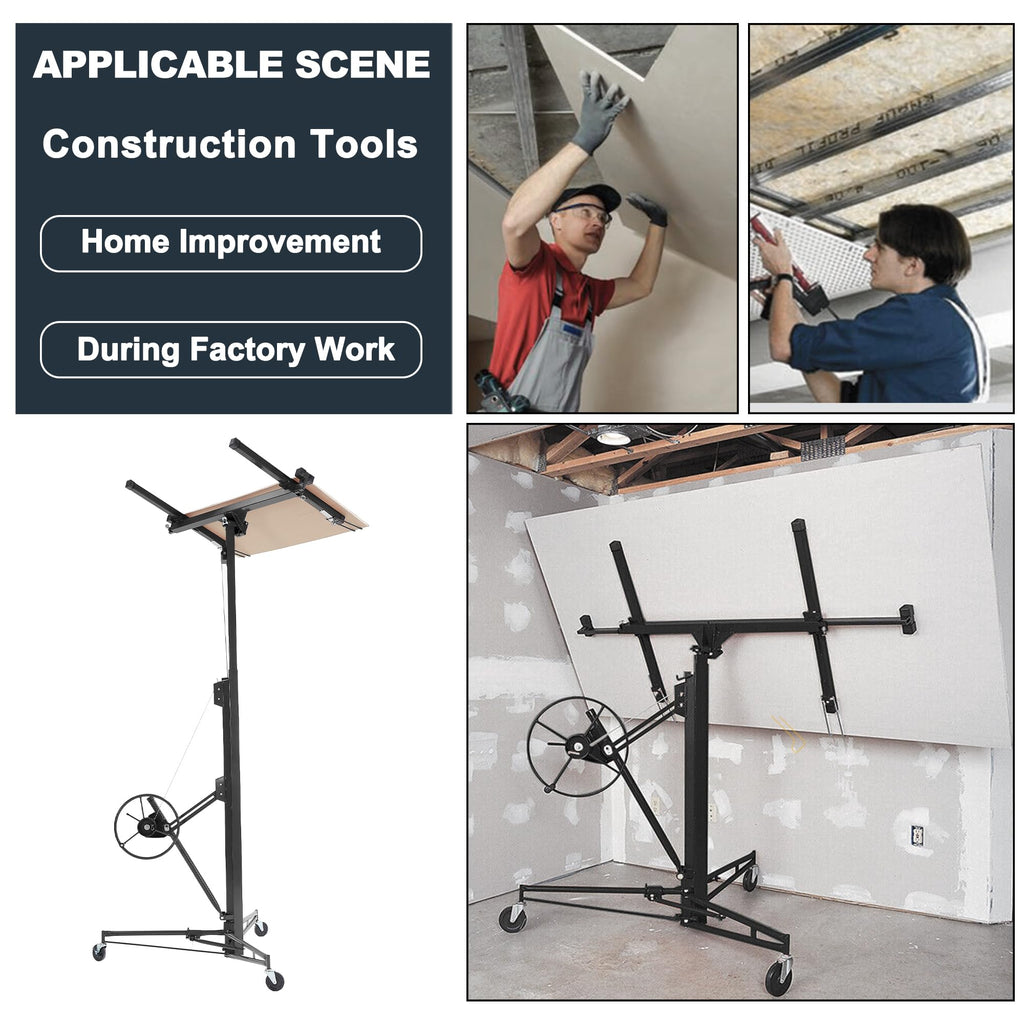 11FT Drywall Lift, 150LB Capacity Sheetrock Panel Hoist, Sheetrock Lifter tools with 3 Lockable Caster Wheels, 360° Rotatable Telescopic Arm for Ceiling Work (Black, 11FT)