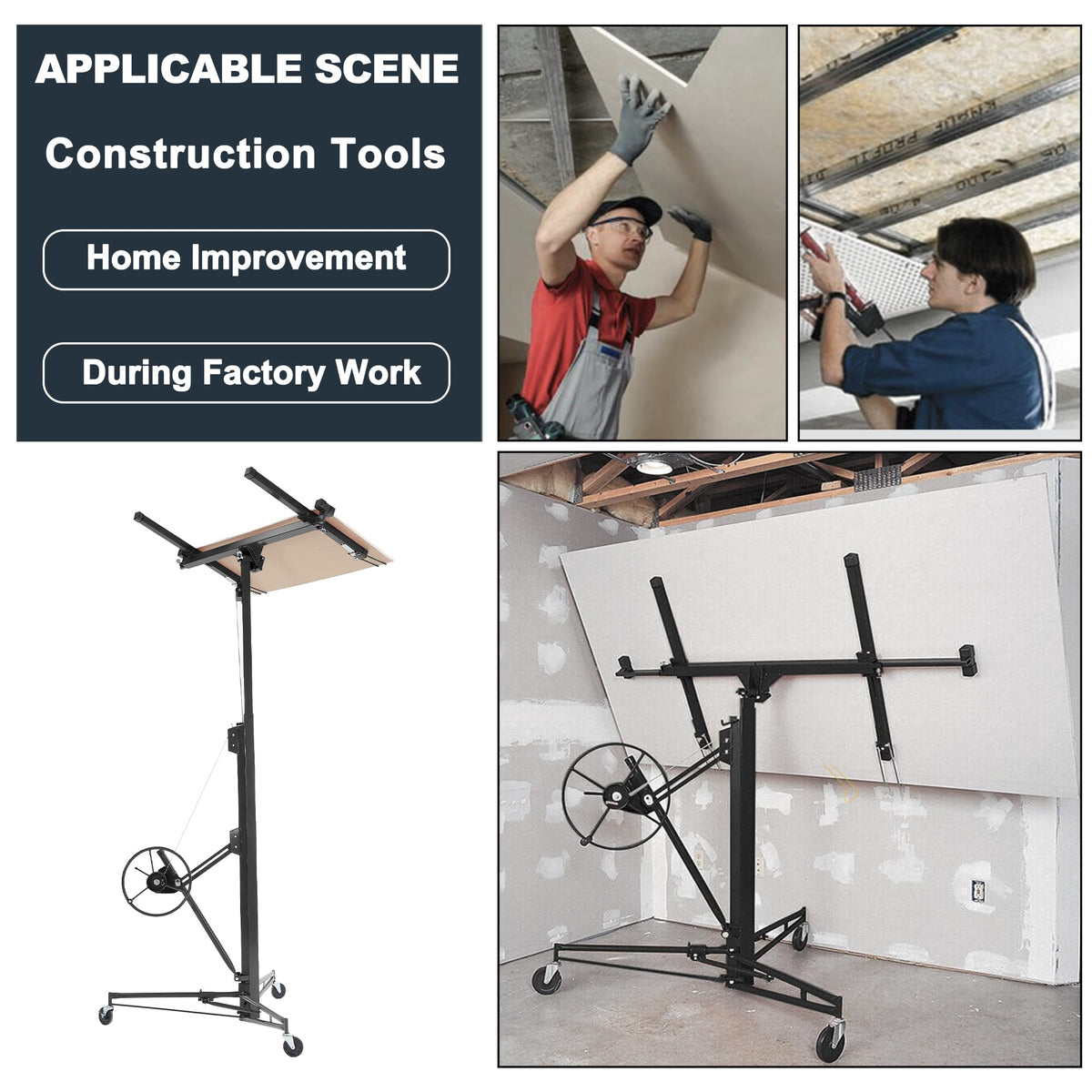 11FT Drywall Lift, 150LB Capacity Sheetrock Panel Hoist, Sheetrock Lifter tools with 3 Lockable Caster Wheels, 360° Rotatable Telescopic Arm for Ceiling Work (Black, 11FT)