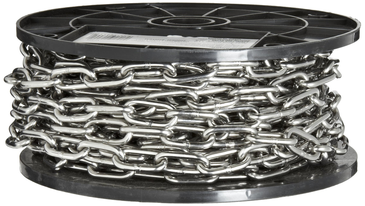 Campbell 0190424 316L Stainless Steel Chain on Reel, Bright, 5/32" Trade, 0.156" Diameter, 50' Length, 500 lbs Load Capacity