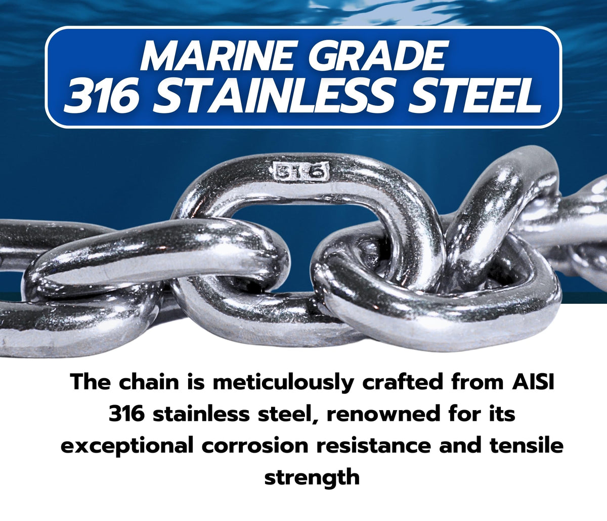 G43 ISO AISI 316 Marine Grade Stainless Steel Anchor Chain | Mirror Polished Finish | Marine Grade | ISO G43 (Choose Size and Length)