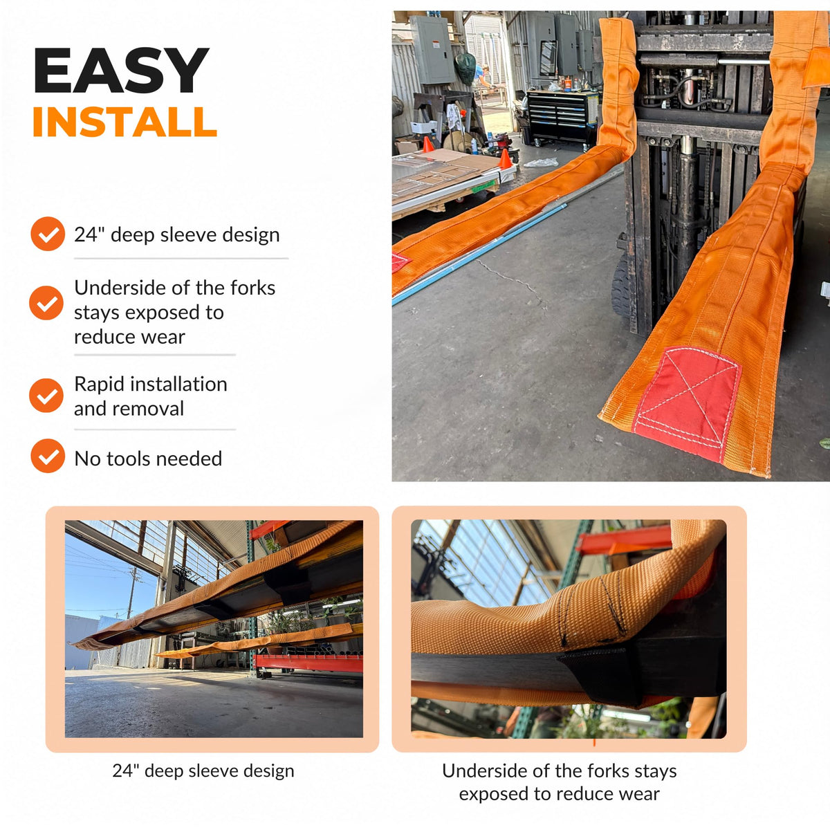 "Fork Tender" Forklift Fork Covers for Delicate Load Handling, Heavy Duty Hi Vis Nylon Protective Sleeve, Fits Forks 3"-6" Wide (60"-72" Long Forks)