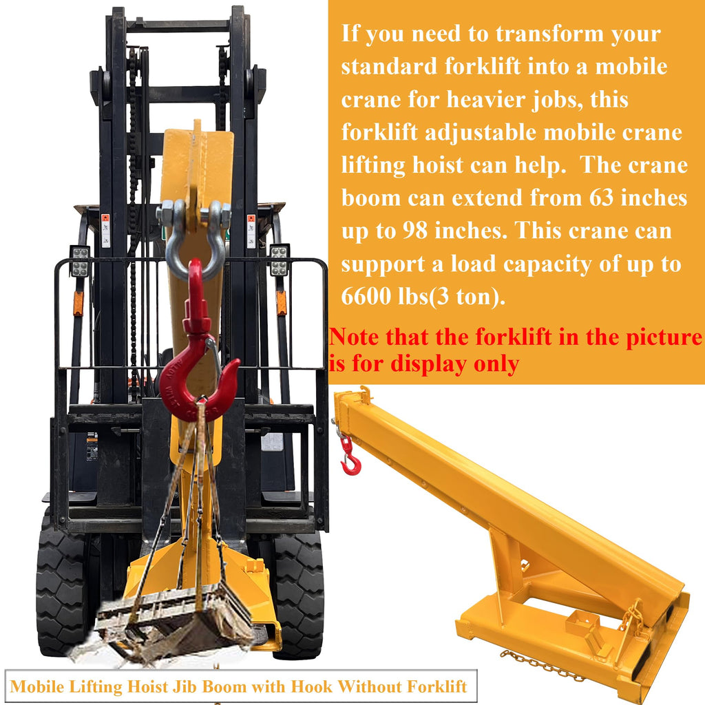 Forklift Jib Boom Crane 6600lbs Capacity Telescoping Mobile Crane Industrial Adjustable Forklift Lifting Hoist Truss Jib Boom Hook Manual Telescopic 63in-98in for Warehouse & Factories