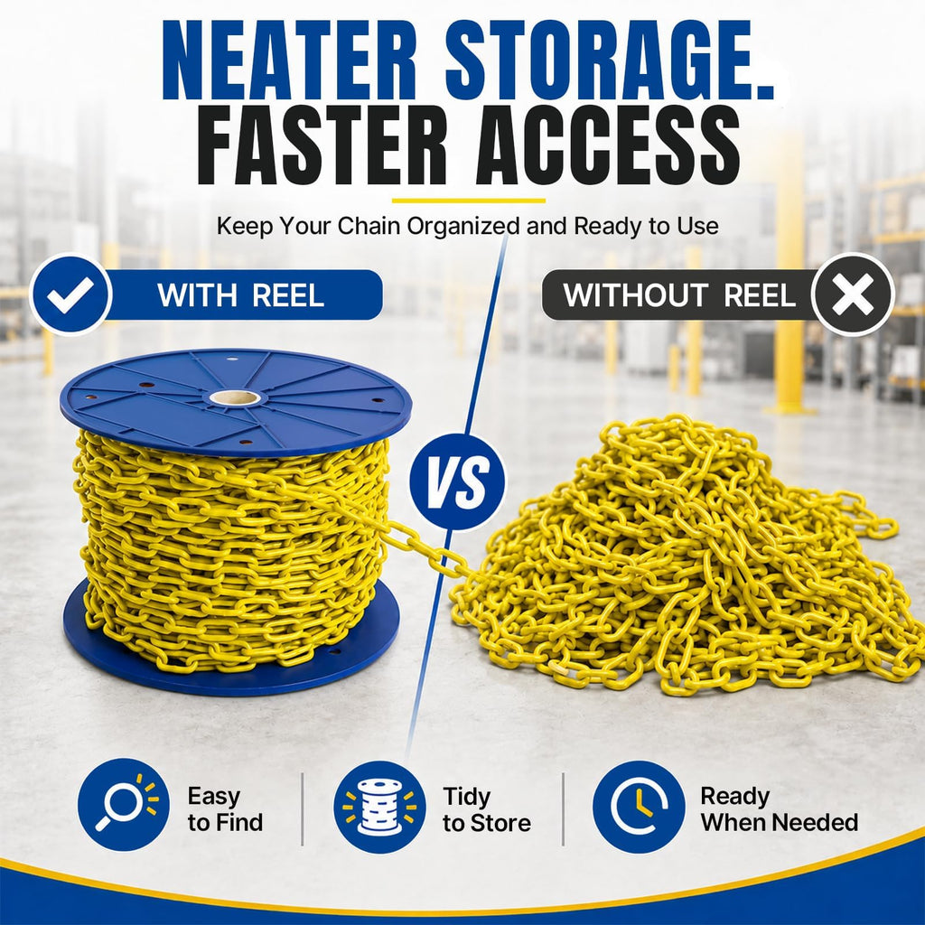 100FT Yellow Safety Chain, G30 Low Carbon Steel 3/16" Safety Chain on Reel