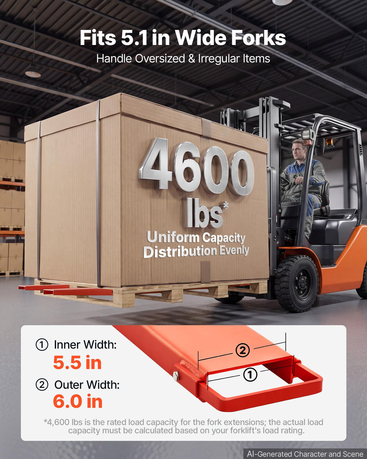 VEVOR Forklift Extensions 96 x 5.5 in, Upgrade Retaining Loop & Bottom Lock