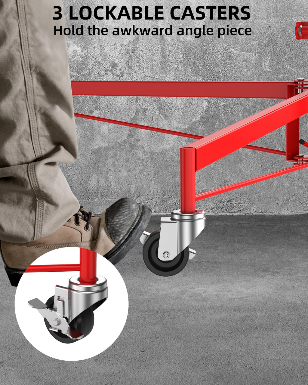 IDEALHOUSE 11 FT Drywall Panel Lift – 150 LB Heavy Duty Sheetrock Hoist – 360° Adjustable Arm – 3 Lockable Wheels – Collapsible for Ceiling & Wall Installation, Home Improvement and Construction – Red