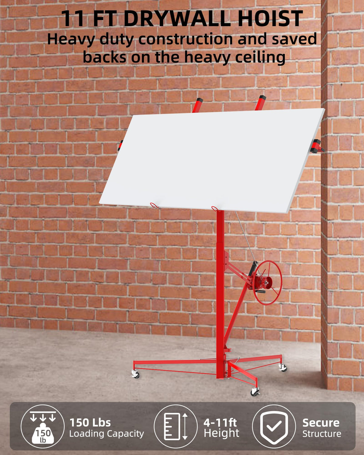 IDEALHOUSE 11 FT Drywall Panel Lift – 150 LB Heavy Duty Sheetrock Hoist – 360° Adjustable Arm – 3 Lockable Wheels – Collapsible for Ceiling & Wall Installation, Home Improvement and Construction – Red