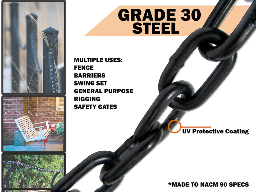 Black Powder Coated Chain 5/16" x 50 FT Bulk Cut | Swing Set Safety Barrier Gate | Industrial Grade Proof Coil G30 | Max Capacity 6,800 lbs (G3312PCBX50FT)