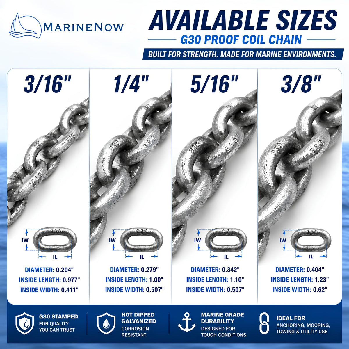 G30 Proof Coil Chain, Hot-Dipped Galvanized, 3/8", 100 ft