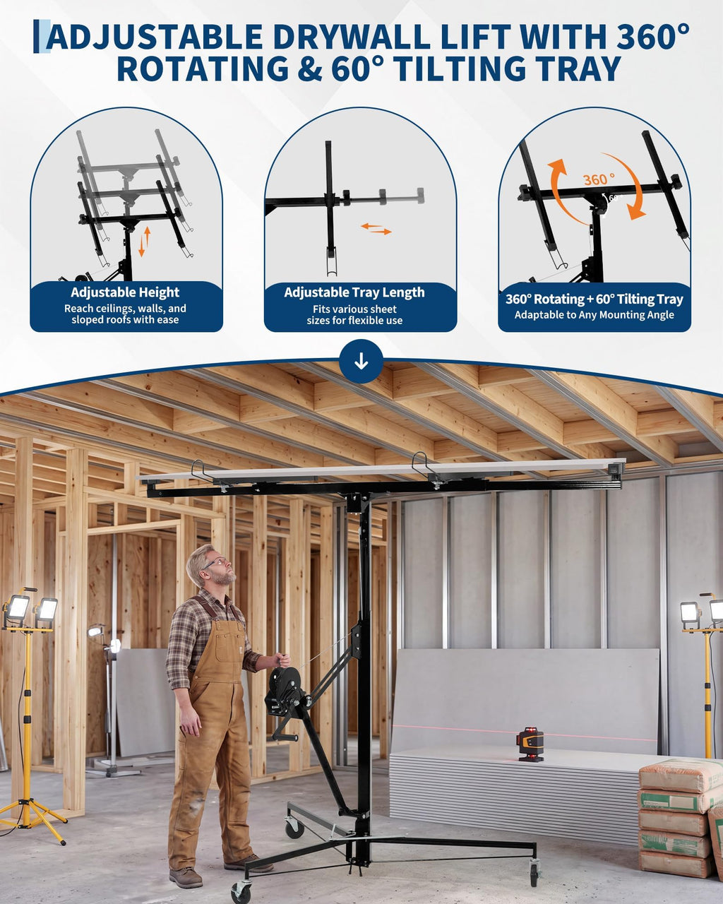 13ft Heavy-Duty Drywall Lift – 150LB Capacity Sheetrock Panel Hoist for Ceiling Installation, Single-Person Adjustable Material Lifter – Black