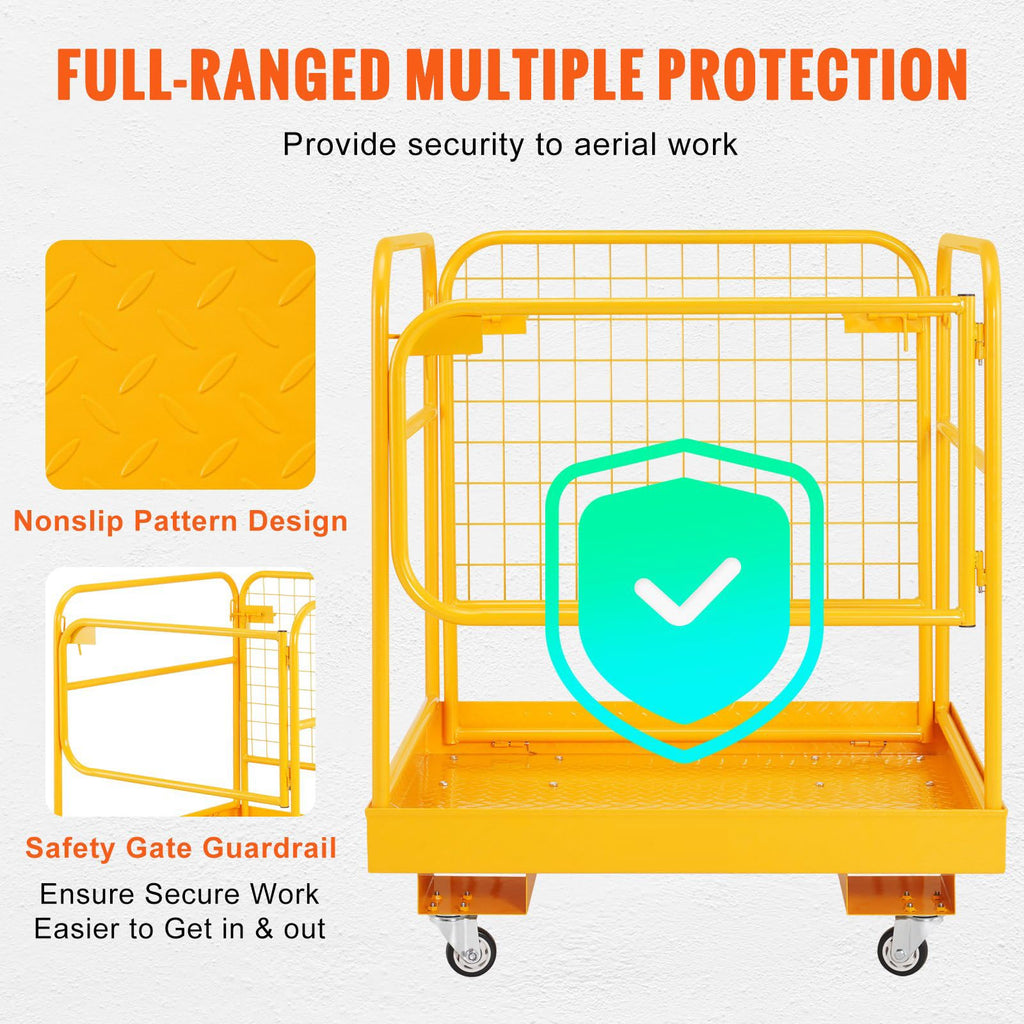 Foldable Forklift Safety Cage, 36" x 36" Forklift Work Platform with Lockable Swivel Wheels & Device Chain, 1200lbs Capacity Heavy Duty Steel Man Basket with Drain Hole for Aerial Work