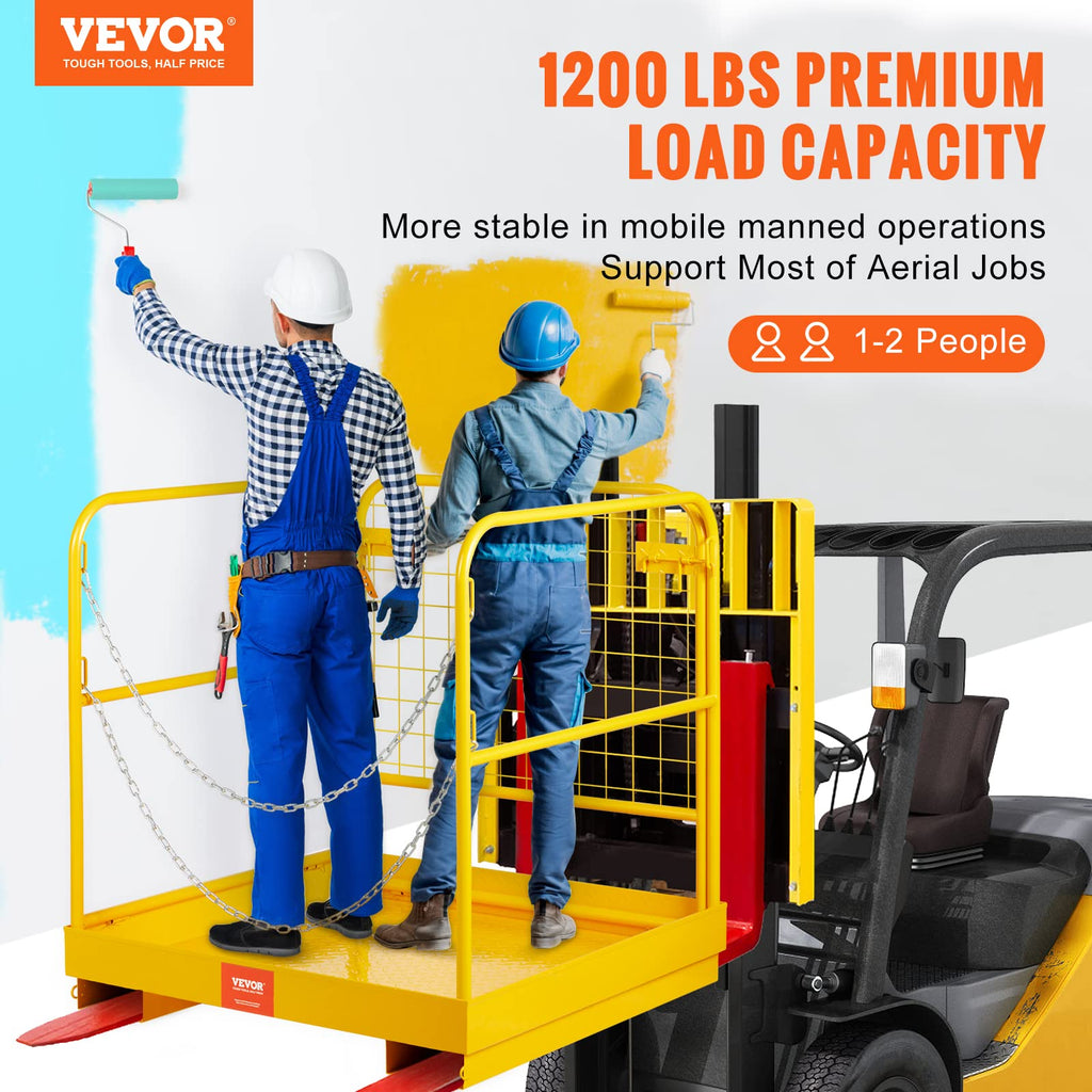VEVOR Forklift Safety Cage, Forklift Man Basket 1200lbs Capacity, 36'' x 36'' Foldable Forklift Work Platform for 1-2 People with Double-Chain Guardrail & Drain Hole, Perfect for Aerial Work, Orange