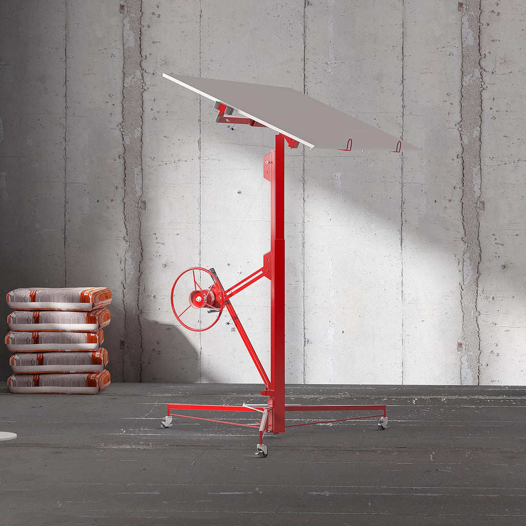11ft Drywall Lifter Panel Hoist, 150 Lbs Load Capacity Heavy Duty Sheetrock Lift with Wheels, 360° Rotating Adjustable Drywall Jack Lift for Home Improvement, Red