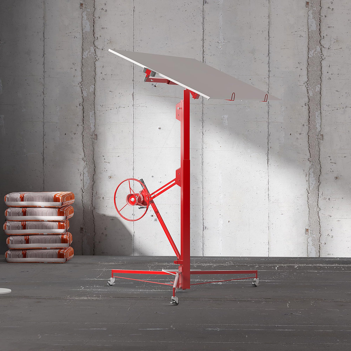 11ft Drywall Lifter Panel Hoist, 150 Lbs Load Capacity Heavy Duty Sheetrock Lift with Wheels, 360° Rotating Adjustable Drywall Jack Lift for Home Improvement, Red