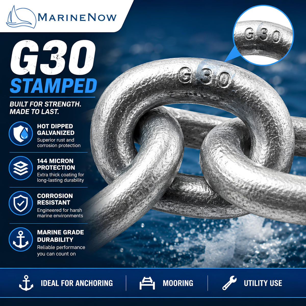 G30 Proof Coil Chain, Hot-Dipped Galvanized, 3/8", 100 ft