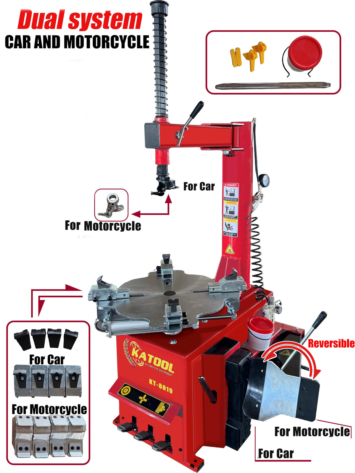 KT-T8019 Dual-System Changer Machine and KT-710 Portable Wheel Balancer for Car and Motorcycle Fits Tire Size 10-21", Motorcycle Inner Rim Diameter 6-24", with 2 Sets of Adapters