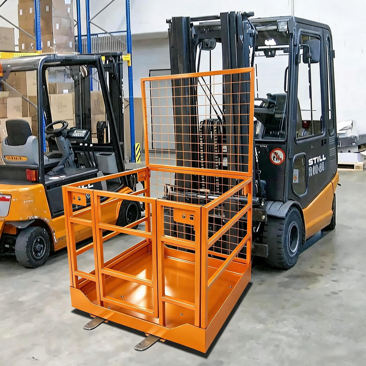 Forklift Safety Cage, 43 in x45 in Forklift Man Basket,1800 LBS Forklift Work Platform with Safety Harness & Lock,Forklift Aerial Platform 2-Man Collapsible Lift Basket for Lifting Loader (Orange)