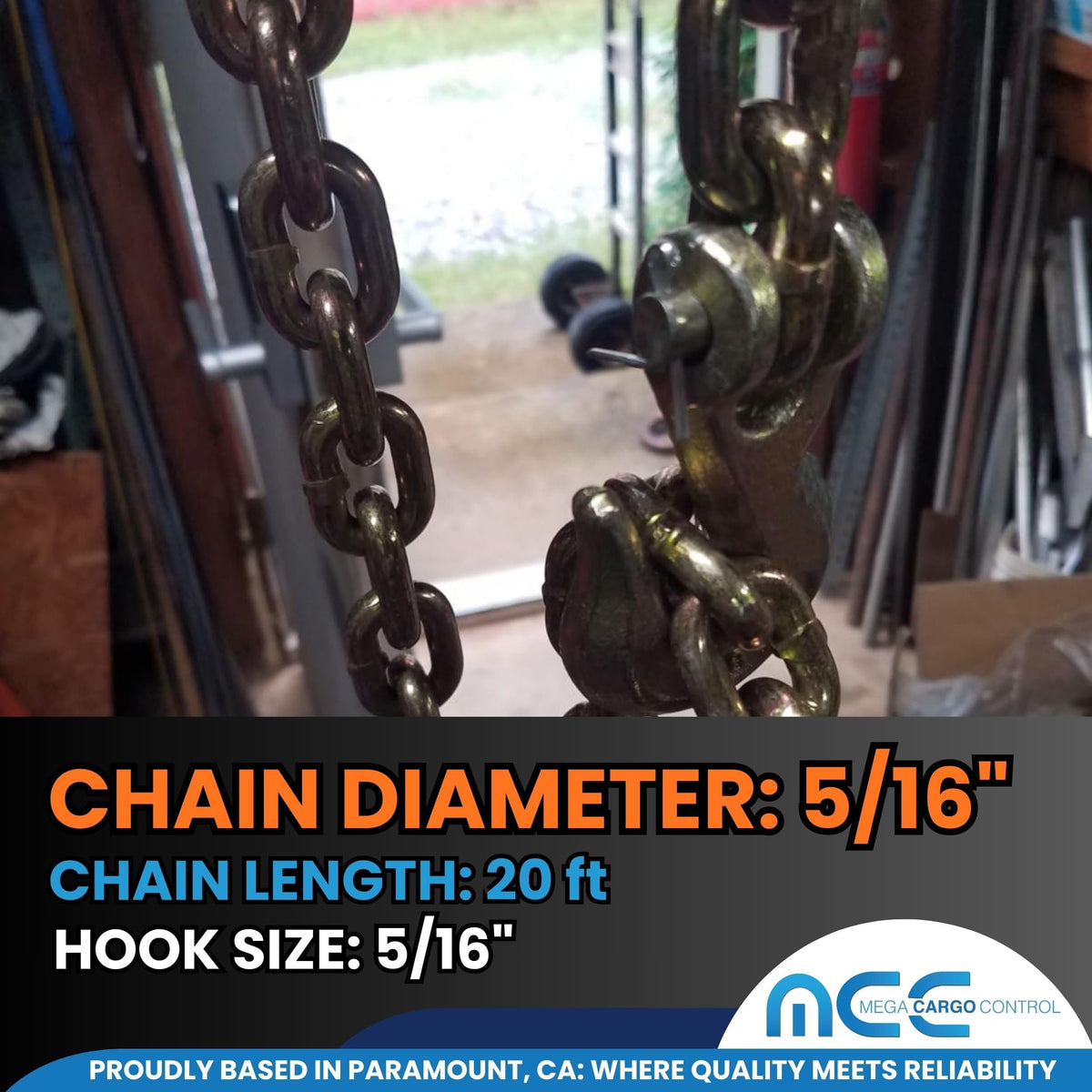 5/16" X 20 ft G70 Transport Chains with Grab Hooks - 6 Pack