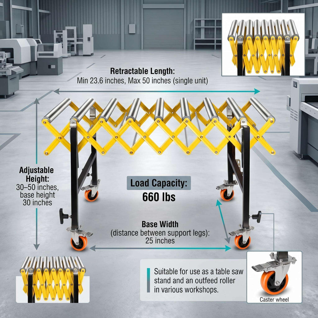 Roller Stand for Table Saw, Adjustable Conveyor with 9 Rollers. Length 23.6-50 in, Height 30-50 in. 660 Lbs Capacity. Tilt 30-50°. Built-in Hooks to Connect Multiple Units. for Woodworking Shops.