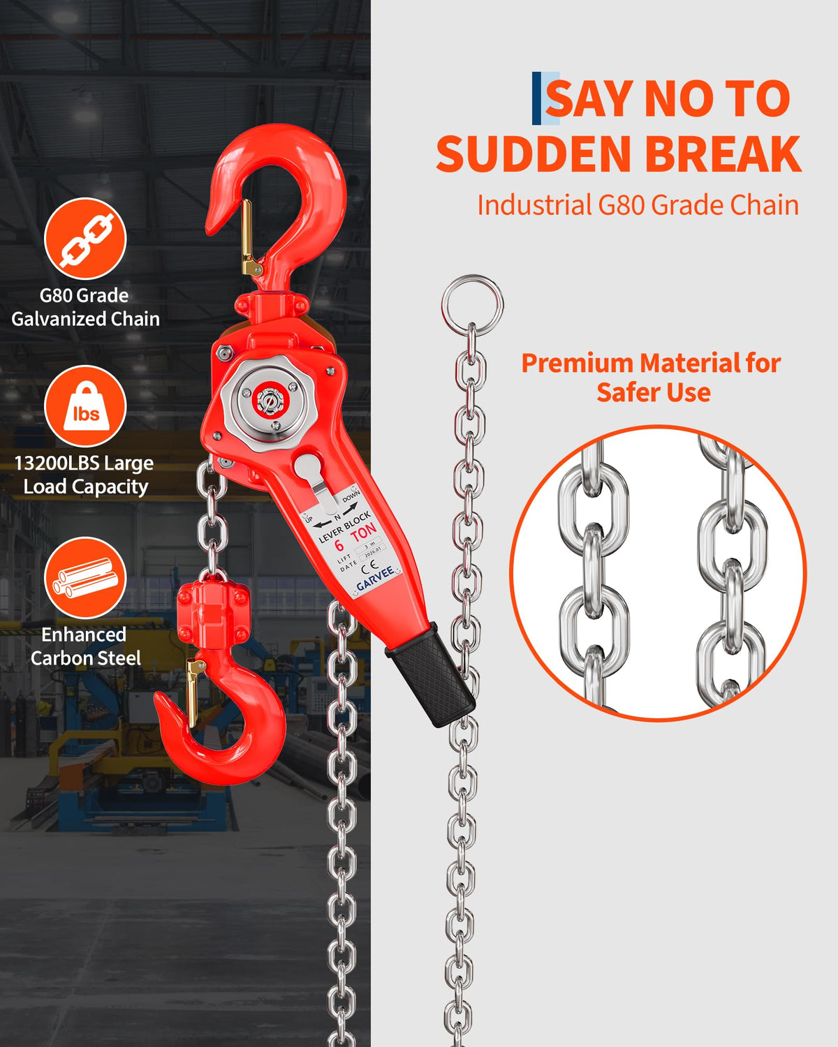 Lever Chain Hoist 6 Ton 13200 LBS 10FT, Manual Ratchet Chain Puller Come Along, Heavy Duty G80 Steel with 360° Swivel Hooks for Garage Warehouse Construction Lifting