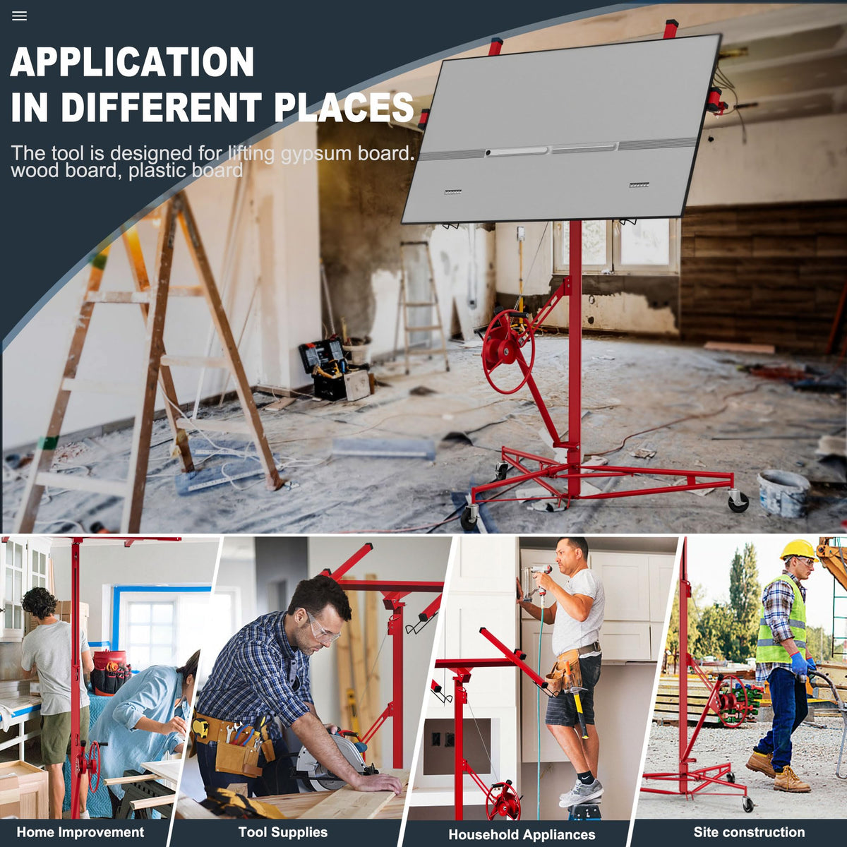 Drywall Lift 11FT, Sheetrock Lift 150LBS Heavy Duty Drywall Lift Panel with 360° Adjustable Telescopic Arm & 3 Lockable Wheels, Drywall Lifter for Home Improvement (Red)