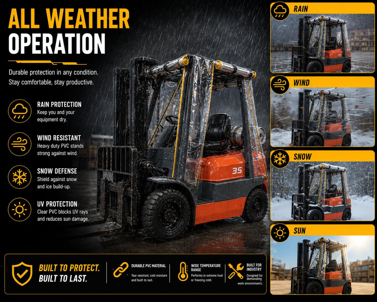 Industrial Forklift Cab Cover, Heavy-Duty PVC Enclosure, Waterproof, Scratch & UV Resistant, Fits Forklifts up to 13,000 lbs, Quick Top Installation