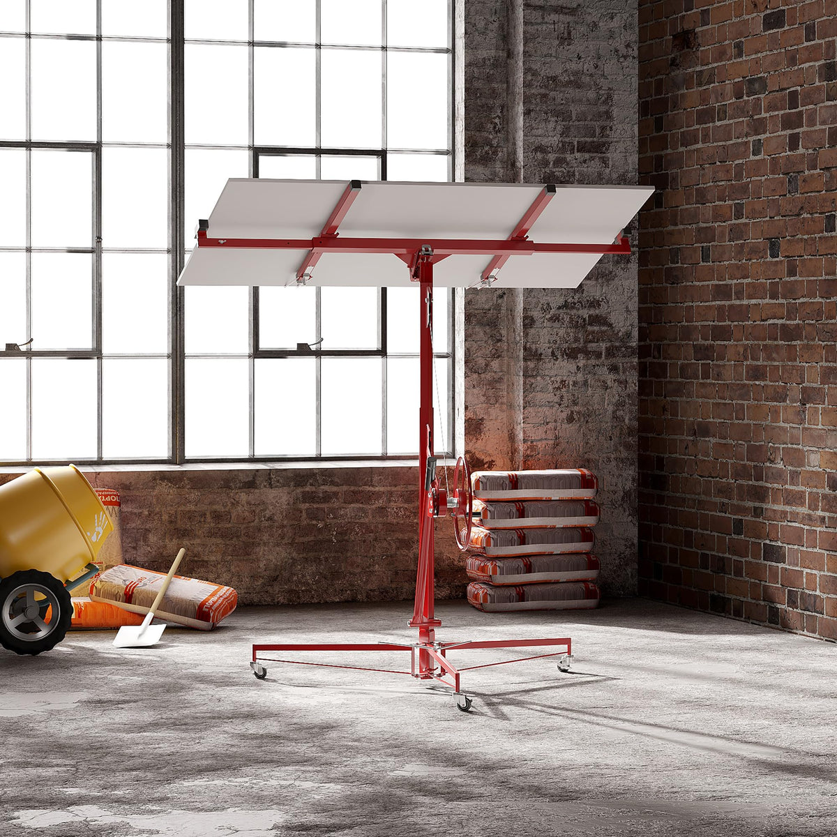 11ft Drywall Lifter Panel Hoist, 150 Lbs Load Capacity Heavy Duty Sheetrock Lift with Wheels, 360° Rotating Adjustable Drywall Jack Lift for Home Improvement, Red