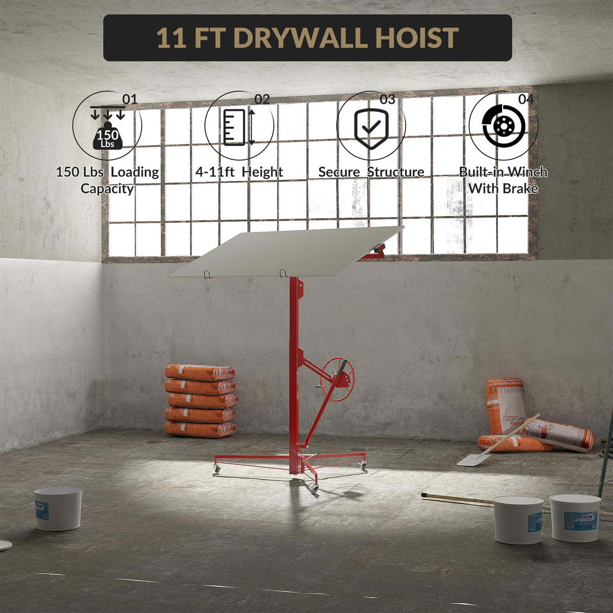 11 ft 150 lb Drywall Lift, Adjustable Red Sheetrock Panel Hoist
